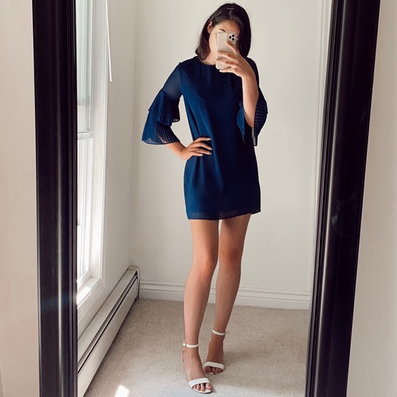 Lulus Ruffle Sleeve Navy Blue Shift Dress - Picture 5 of 8